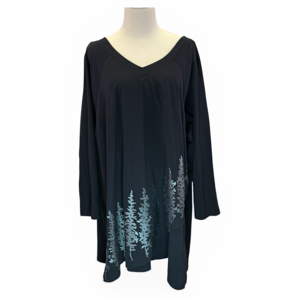 Wayward Fancies Women's eShakti Landscape Embroidered Black V Neck Blouse Plus